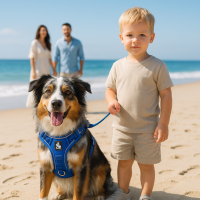 berger australien portant harnais pour chien est en laisse avec gamin et ses parents sur plage près de mer