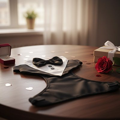 Harnais chien étendu sur table de bois