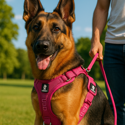 berger allemand portant harnais pour chien est dans un champs avec homme