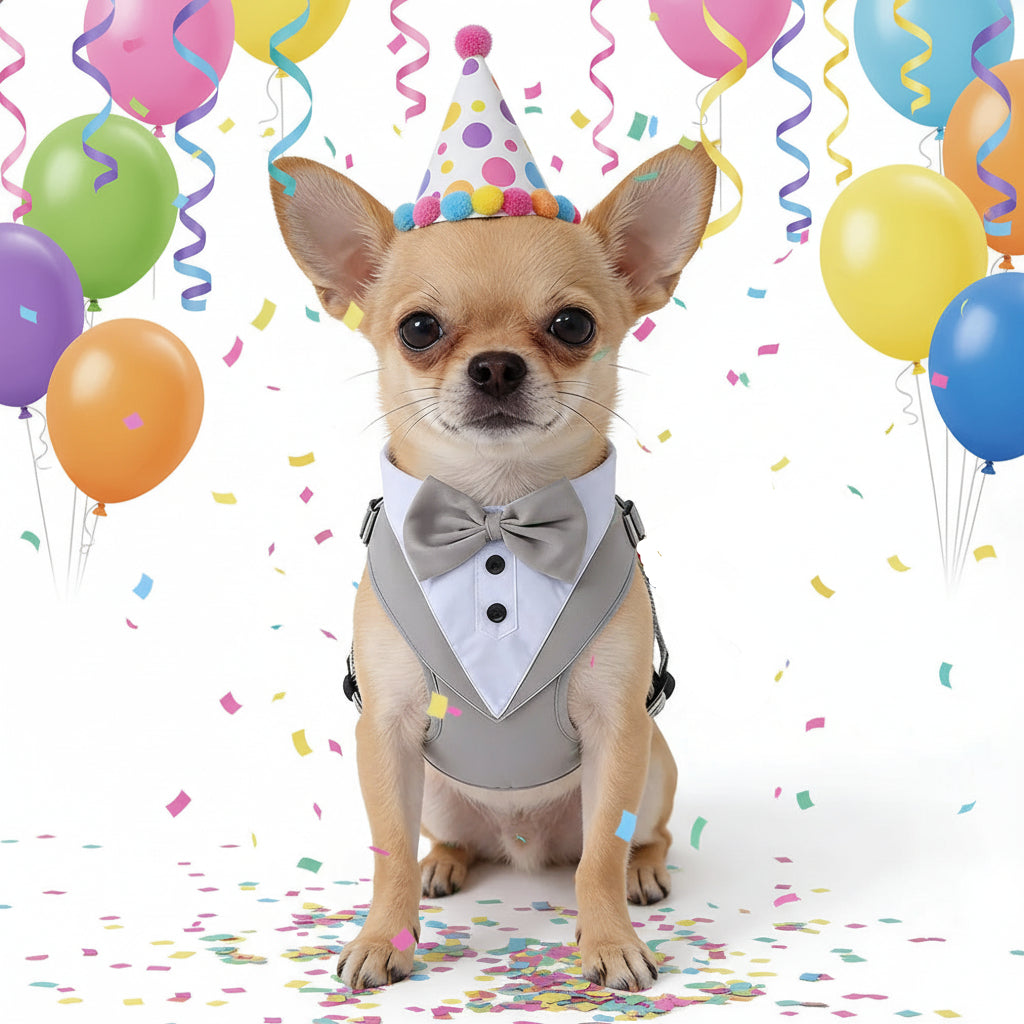 chihuahua porte un harnais chien à une fête avec ballon