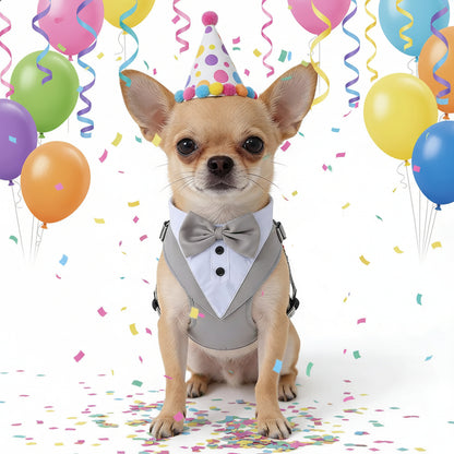chihuahua porte un harnais chien à une fête avec ballon
