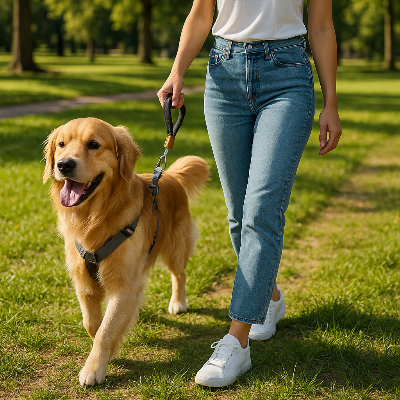  golden retriever portant harnais chien se promene avec  jeune femme dans un parc vert
