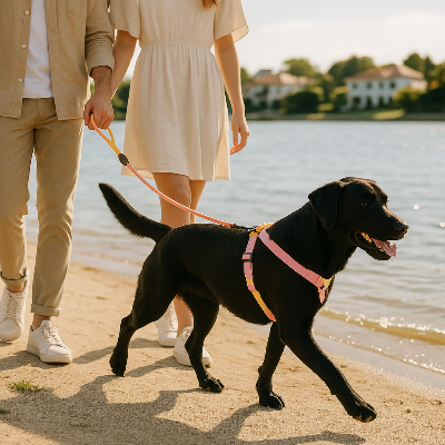 un labrador noir portant harnais chien rose jaune se promene sur une plage avec un couple qui le tient en laisse