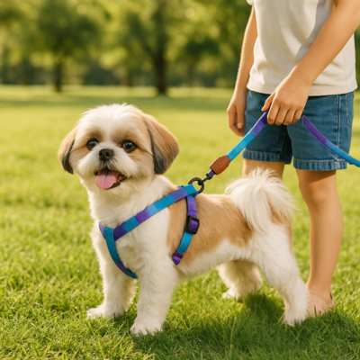 shitzu portant harnais chien bleu et mauve dans un parc vert avec un jeune garcon qui le tient en laisse