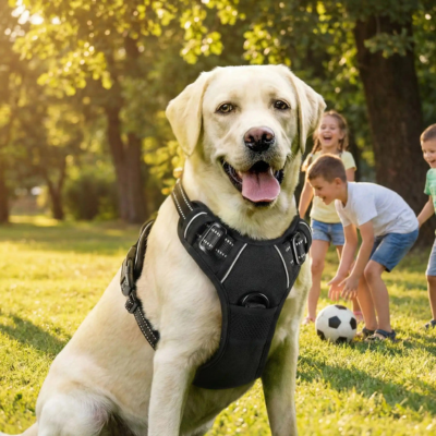 labrador beige porte harnais chien noir dans parc avec enfants qui jouent au ballon
