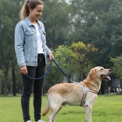 Harnais chien porte par labrador blond avec une dame vetue de jeans