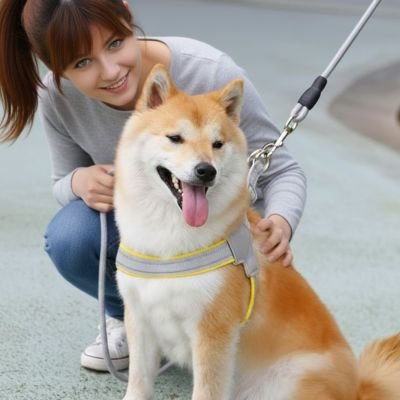 Harnais chien porte par shiba inu tenu en laisse avec dame 