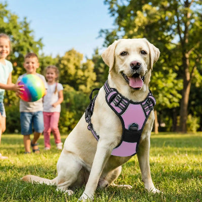 labrador beige porte harnais chien rse dans parc avec enfants qui jouent au ballon