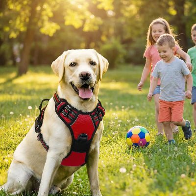labrador beige porte harnais chien rouge dans parc avec enfants qui jouent au ballon