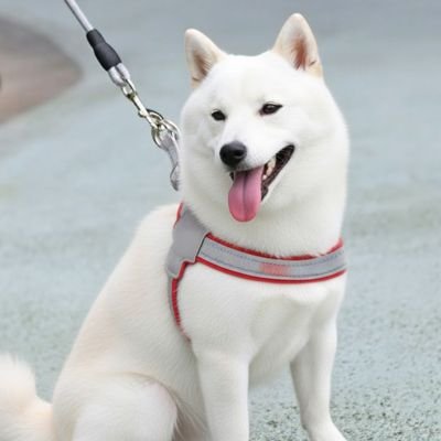 Harnais chien sur husky blanc tenu en laisse