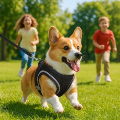 corgi portant harnais pour chien noir joue dans parc avec enfants