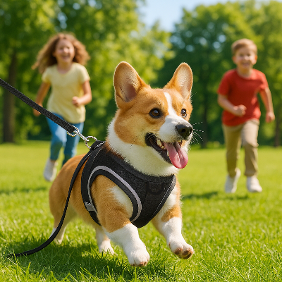 chien corgi portant harnais pour chien noir s'amuse dans un parc avec des enfant