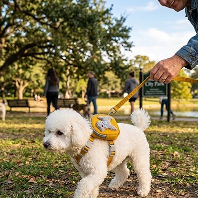caniche blanc porte Harnais pour chiens en marchant au parc