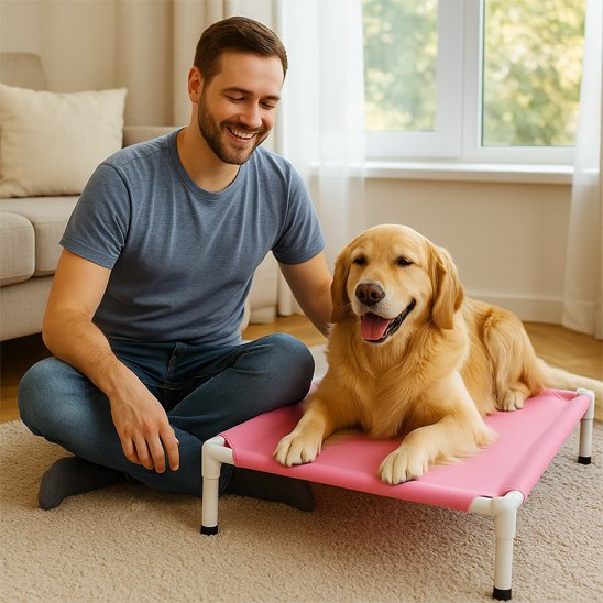 homme a cote de golden retriever couche sur Lit de camp Chien