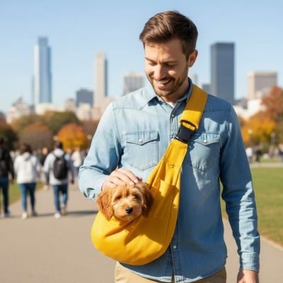homme porte bichon dans Sac Chien en marchant en ville