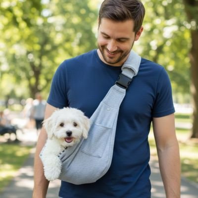 homme porte caniche blanc dans Sac Chien dans parc