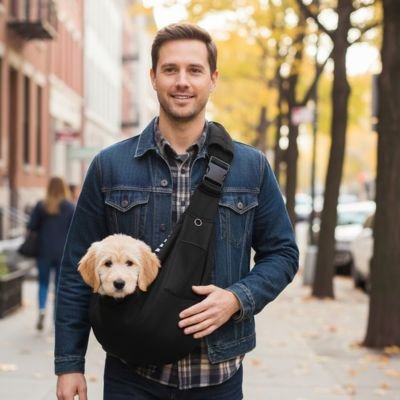 homme porte caniche blanc dans Sac Chien en ville