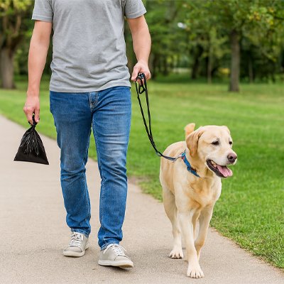 homme tient Sac à crotte​ chien noir et marche avec labrador blond