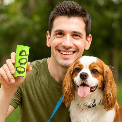 homme tient Sac a crotte​ et son chien épagneul