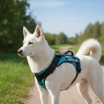 husky blanc porte Harnais chien bleu vert