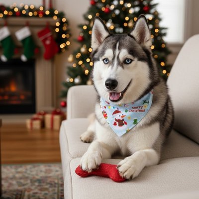 husky portant Bandana Pour Chien bleu est assis sur canapé