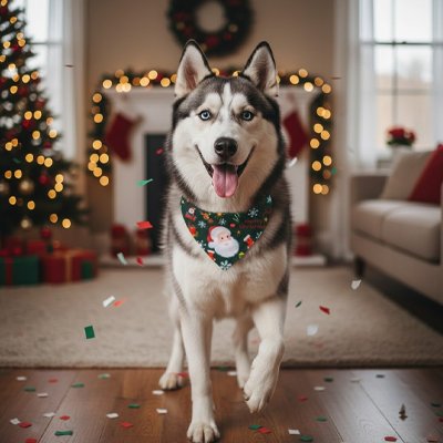 husky portant Bandana Pour Chien est assis sur canapé