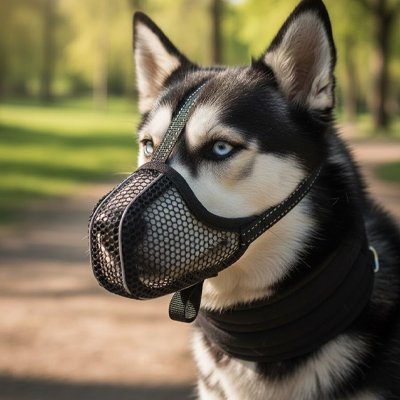 husky portant Muselière pour chien​ dans un parc