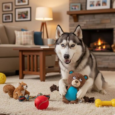 huskyjoue avec Peluche Chien bleu sur moquette blanche
