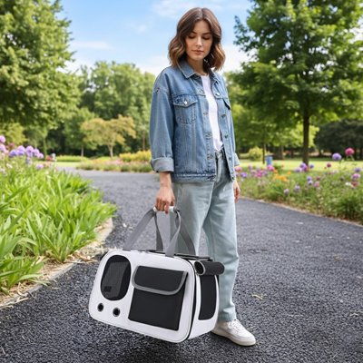 jeune dame tient Sac transport pour Chien dans parc