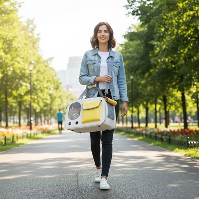 jeune dame tient Sac transport pour Chien jaune dans parc