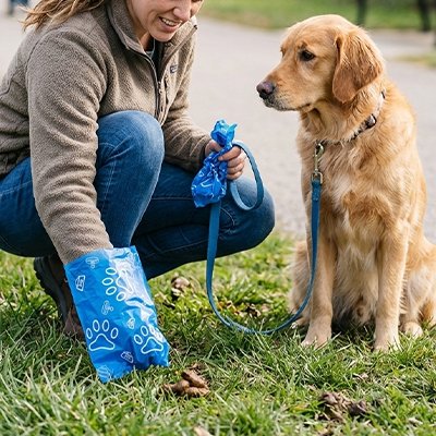jeune femme avec golden retriever assis sur pelouse utilise Sac a crotte 