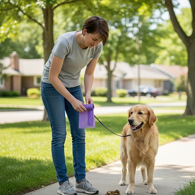 jeune femme avec golden retriever tient rouleau de Sac crotte chien
