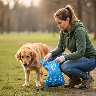 jeune femme avec golden retriever utilise Sac a crotte dans champs