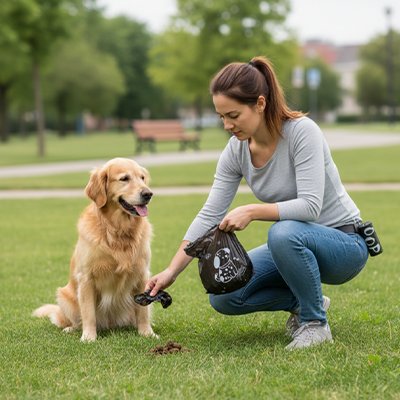jeune femme avec golden retriever utilise Sac a crotte dans parc