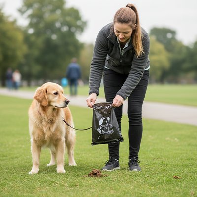 jeune femme avec golden retriever utilise Sac a crotte dans parc vert