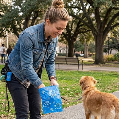 jeune femme avec golden retriever utilise Sac a crotte 