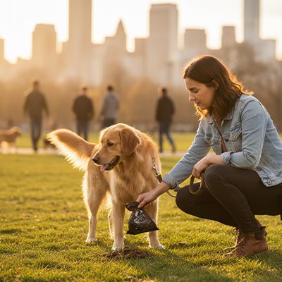 jeune femme avec golden retriever utilise Sac a crotte dans parc urbain