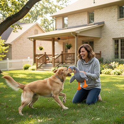 jeune femme joue avec labrador avec Peluche chien en extérieur