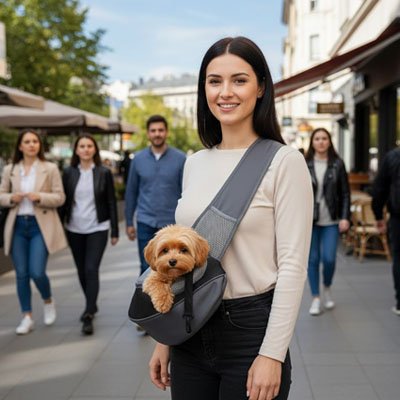 jeune femme porte bichon frisé brun dans Sac transport pour Chien en ville