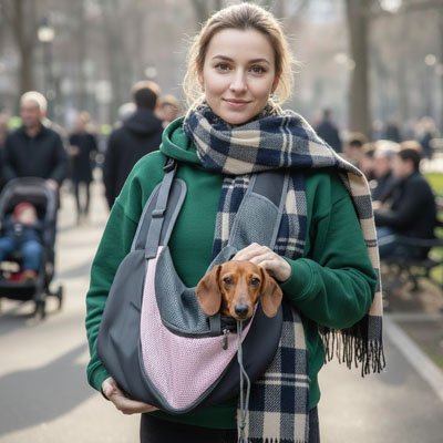 jeune femme porte teckeldans Sac transport pour Chien au parc