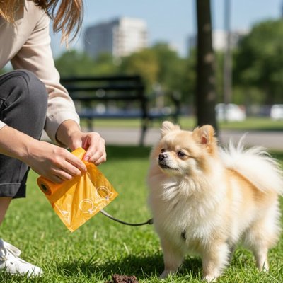 jeune femme utilise Sac a crotte​ chien pour son poméranien beige