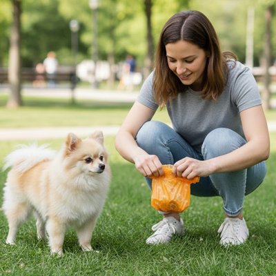 jeune femme utilise Sac a crotte​ chien pour son poméranien