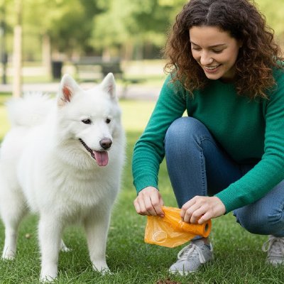 jeune femme utilise Sac a crotte​ chien pour son samoyède