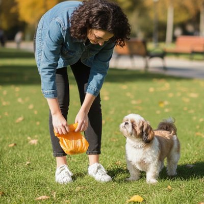 jeune femme utilise Sac a crotte​ chien pour son shih tzu dans parc
