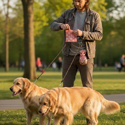 jeune homme et 2 golden retriever utilise Sac a crotte 