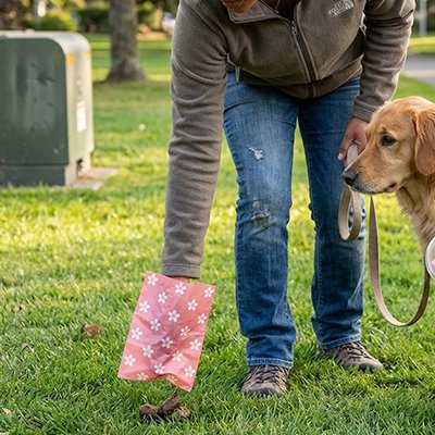 jeune homme et golden retriever utilise Sac a crotte 
