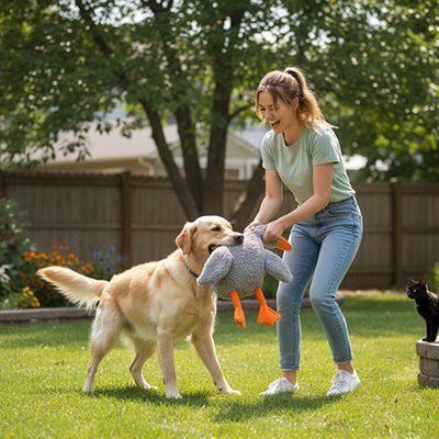 jeune homme joue avec golden retriever avec Peluche chien en extérieur