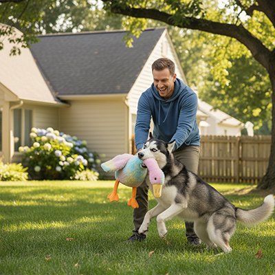 jeune homme joue avec husky avec Peluche chien en extérieur
