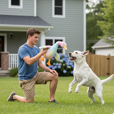 jeune homme joue avec labrador avec Peluche chien en extérieur