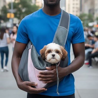 jeune homme porte bichon dans Sac transport pour Chien en ville